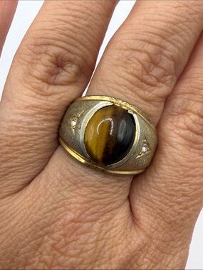 Vintage Gold Tone Brown Tiger’s Eye Cocktail Statement Ring Size 8.5